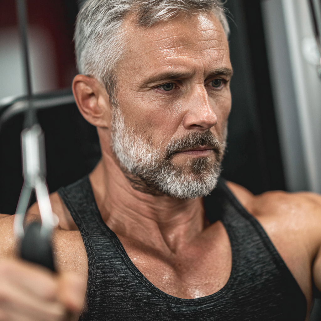 A determined man in his early 50s with graying hair and athletic build performing a controlled strength exercise with proper form in a well-equipped gym, showing focus and concentration